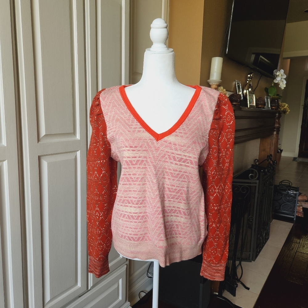 Anthropologie V Neck Puff Sleeve Sweater - XL